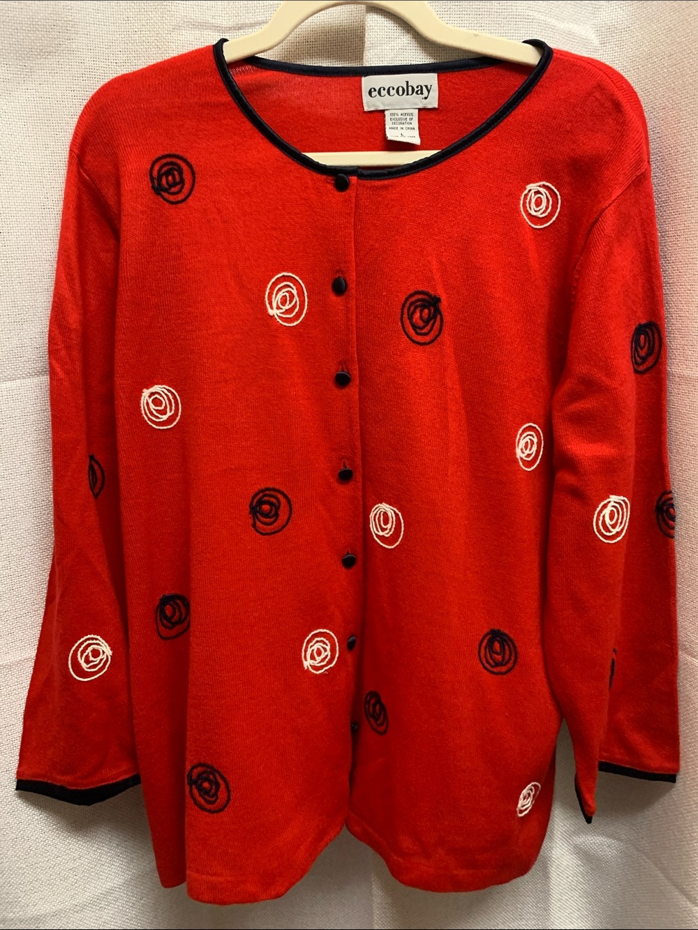 Ecco Red Cardigan with Black & White Embroidered Swirls